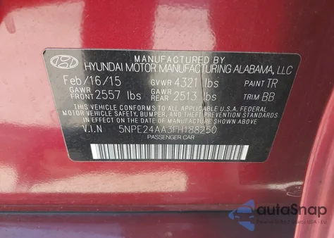 2015 Hyundai Sonata Eco from USA, damaged, VIN 5NPE24AA3FH188250